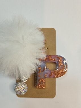 White Pom-Pom & Resin "P" Initial Keychain, Bag Charm. Sparkle Ball Accents!